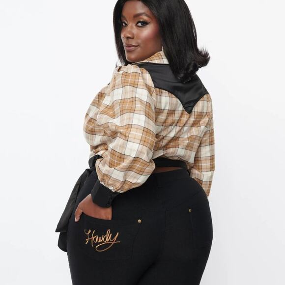 UNIQUE VINTAGE Brown Sparkle Plaid Western Wrap Crop Top {L17} - Picture 2 of 5